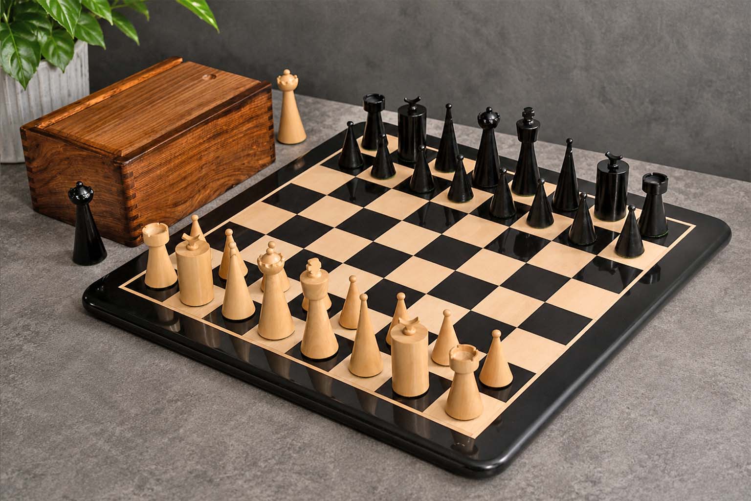 1940s Art Deco Series Chess Pieces Ebonized Boxwood -3.8" King with Box & Board
