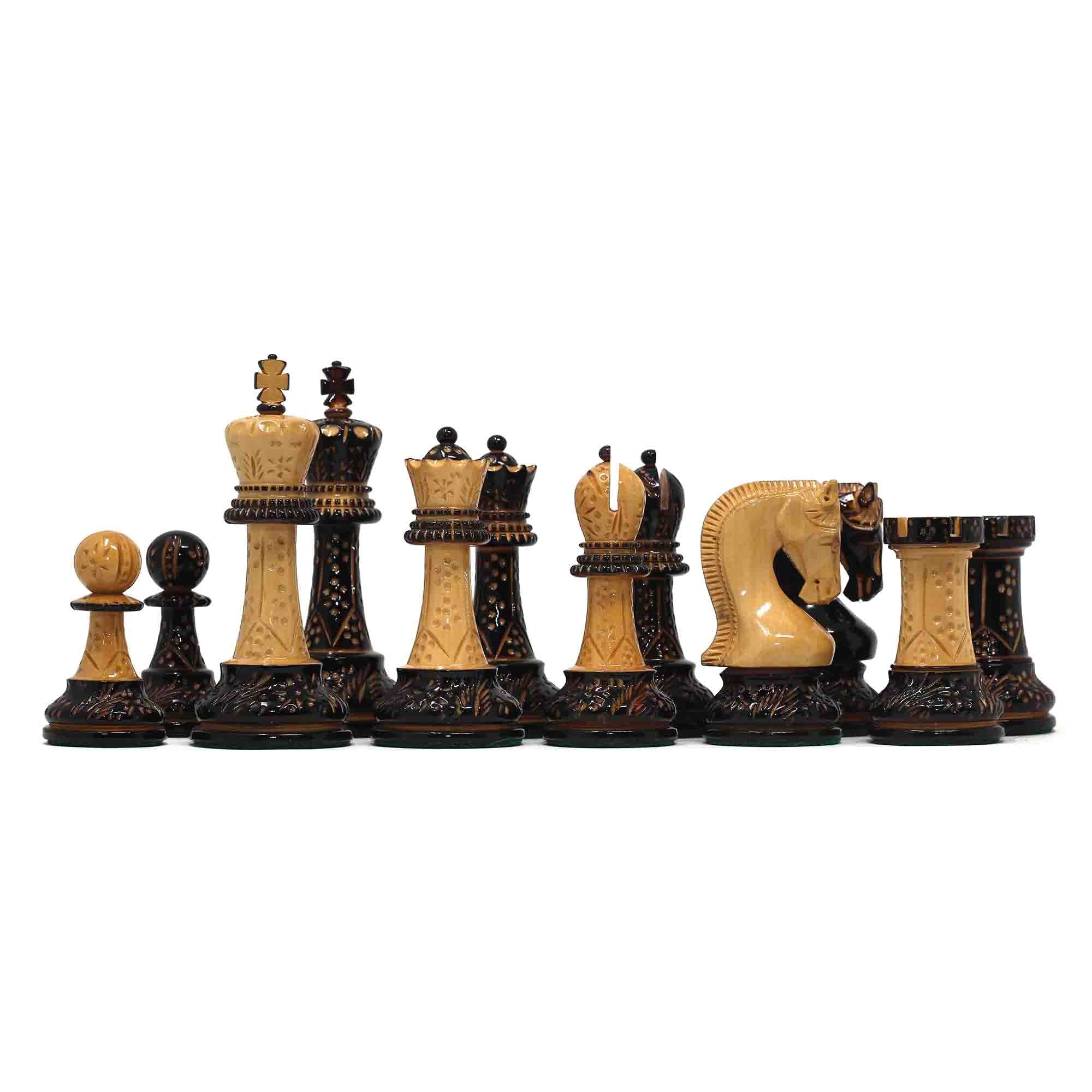 Leningrad Series 4" Luxury Staunton Chess Set in Lacquered Black Burnt Boxwood