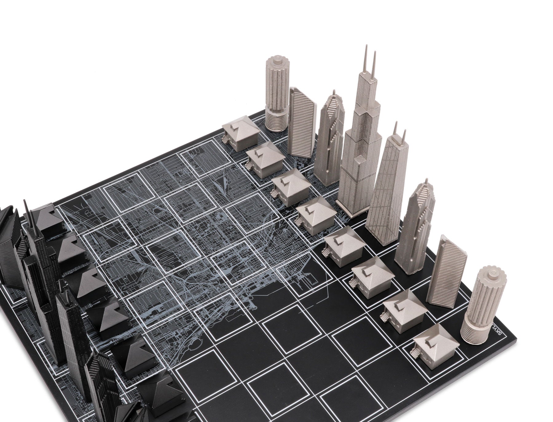Chess Set Stainless Steel CHICAGO Edition with Chicago Wood Map Board